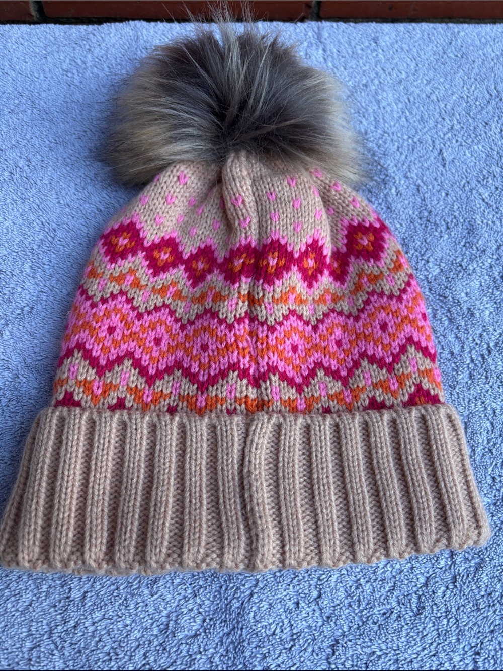 Pom Pom Knit Beanie - Pink Multicolor with Beige Cuff - Picture 4 of 7